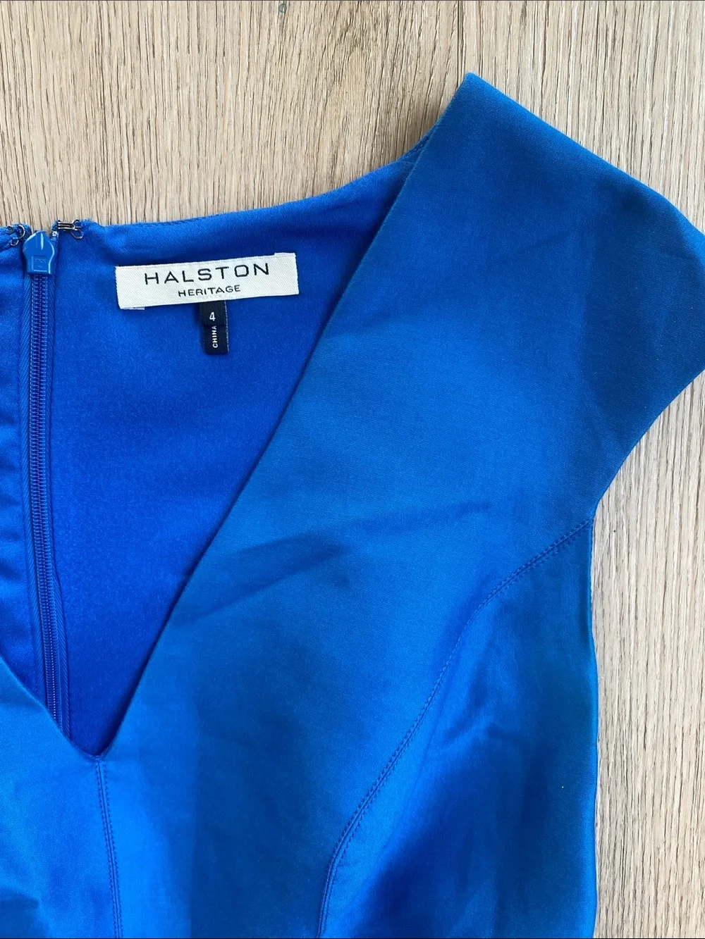 Halston Heritage Cobalt Blue Cotton/Silk Blend High-Low Fit-and-Flare Dress - Picture 3 of 11